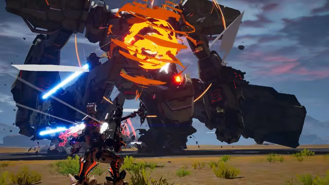 Alt text: A robot zooms across the landscape towards an even larger exploding robot in Daemon X Machina.
