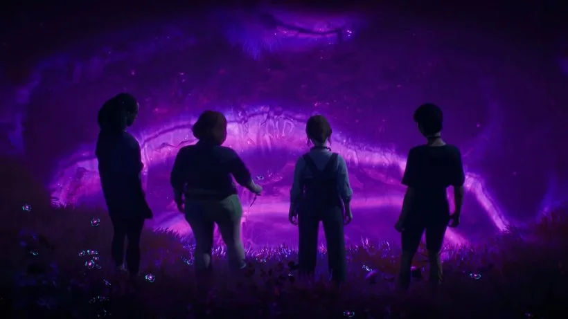 Alt text: In a scene from Lost Records: Bloom & Rage, four women look into a large purple hole.