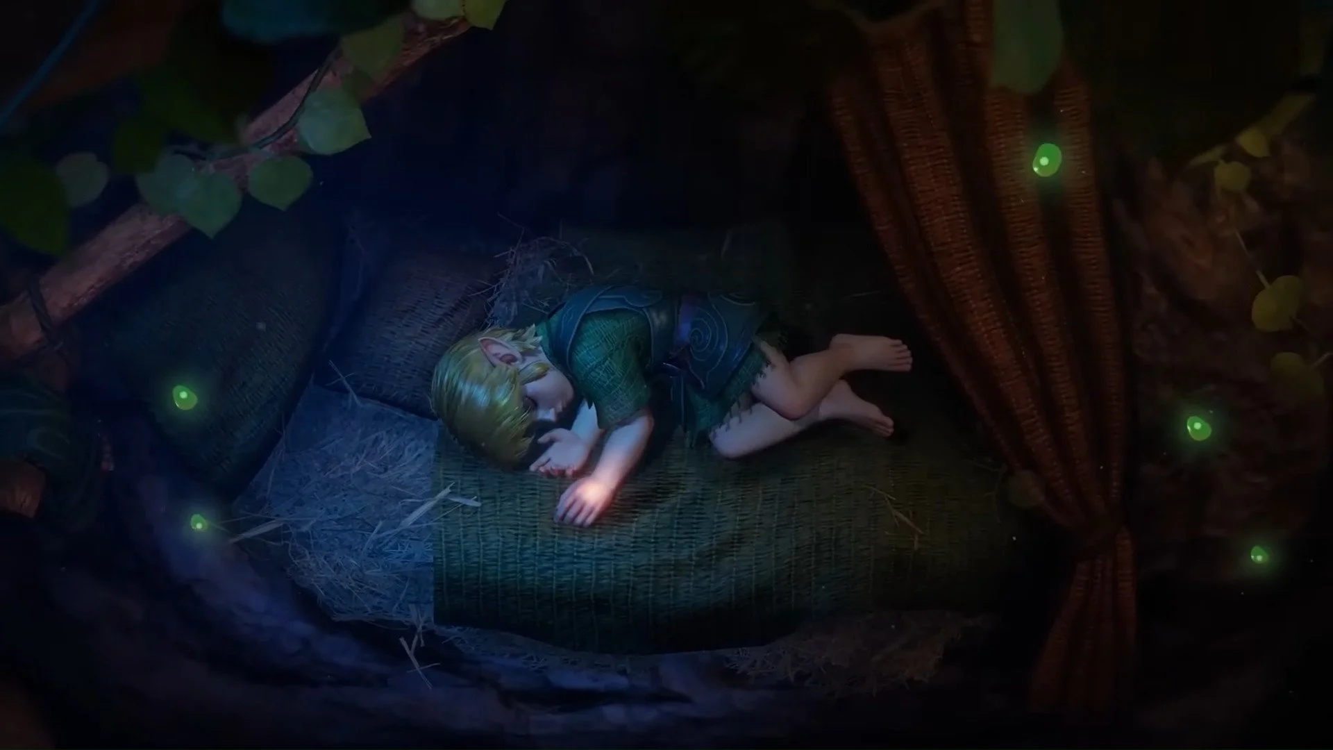 Alt text: Cinematic from The Legend of Zelda: Ocarina of Time remake. A boy lies on a green blanket, surrounded by lights. His left hand glows.
