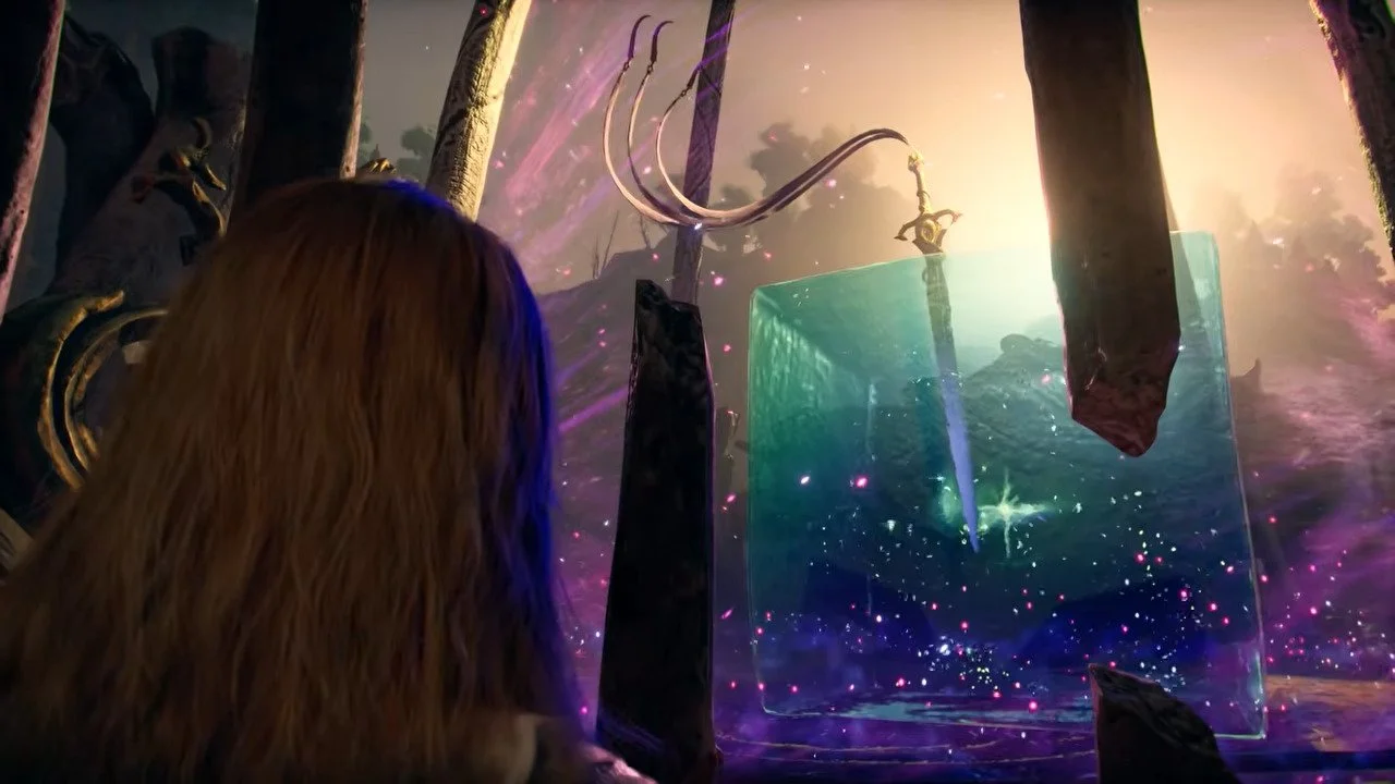 Alt text: A woman looks through bars at a large green gelatinous cube. A sword with a long tassel sticks out of the cube.