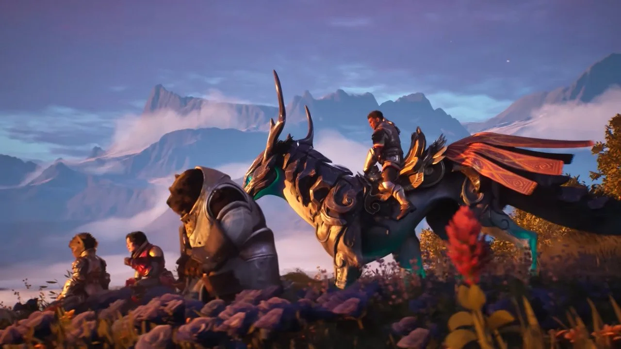Alt text: A man riding a horned spirit joins three others, including a bear, who are sitting in the grass. Mountains can be seen in the distance.