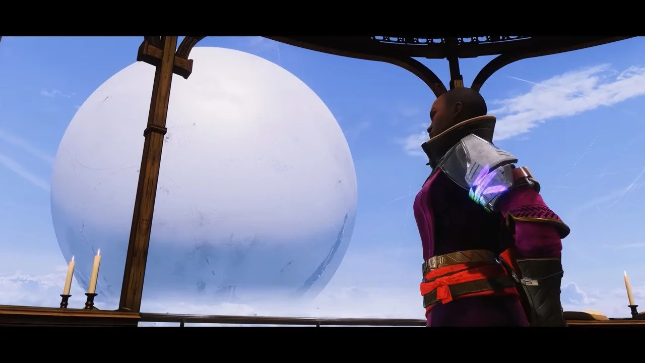 Alt text: Ikora Rey looks out from a platform at a giant floating white sphere in the sky called the Traveller in Destiny 2.