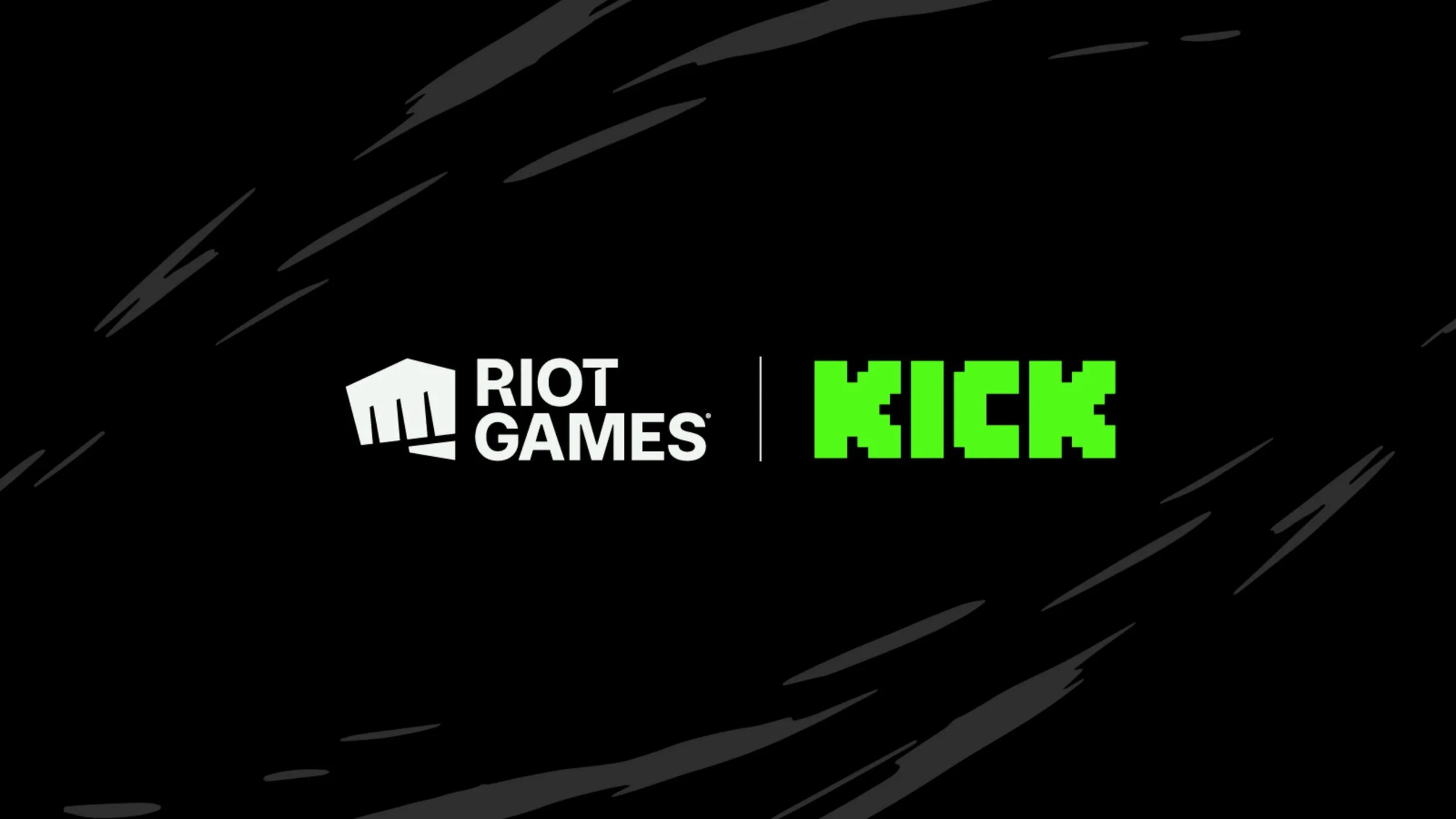 Alt text: A black image showing the logos for Riot Games and Kick.