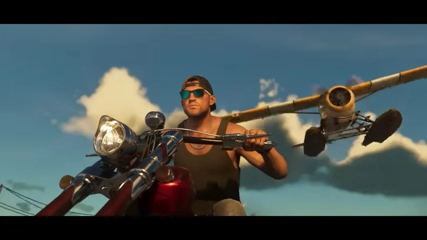 Alt text: Jason, one of GTA VI’s two protagonists, drives on a motorcycle away from an old-fashioned plane.