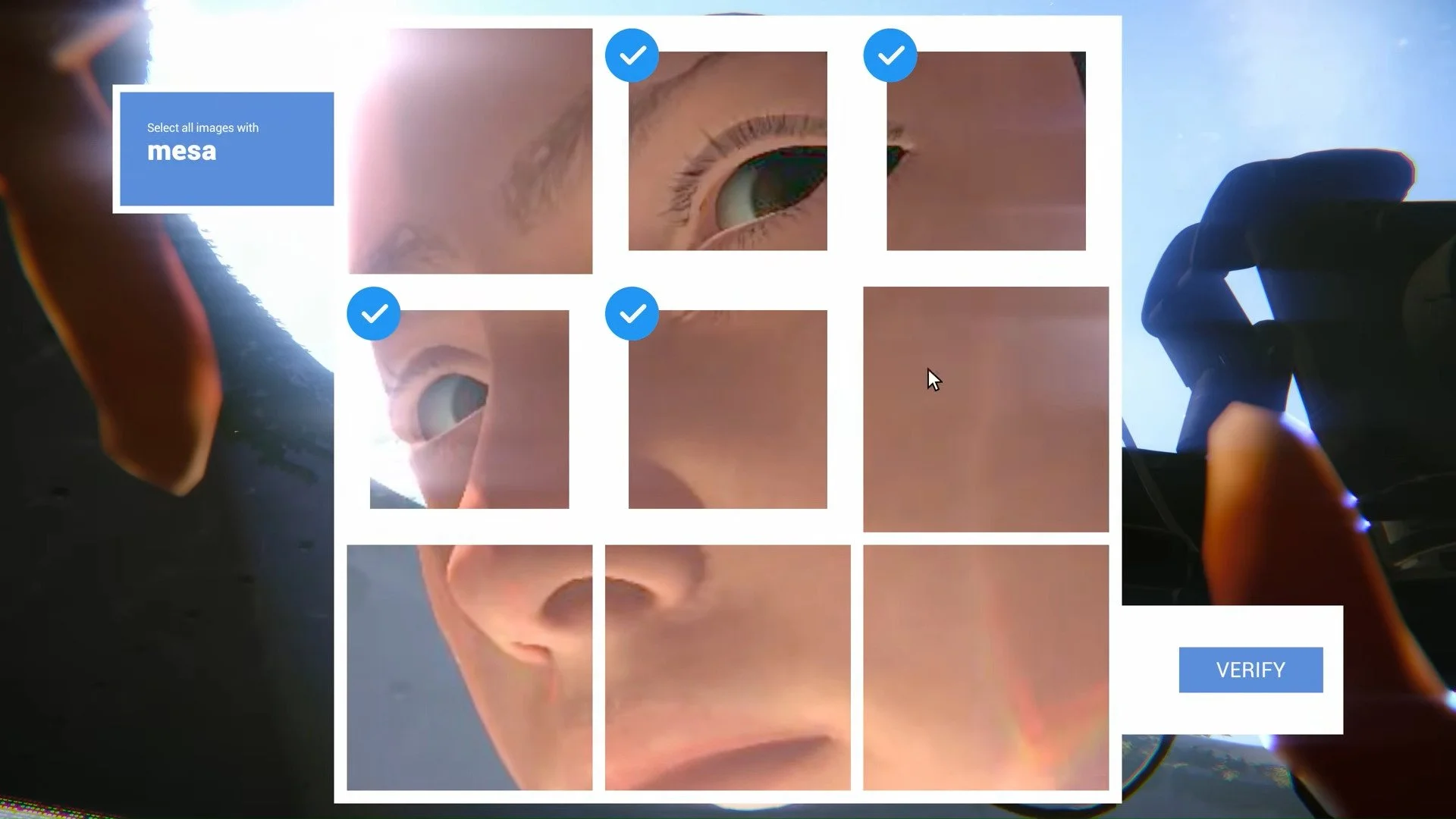 Alt text: A face looks out from a captcha. A message reads, “Select all images with mesa.”