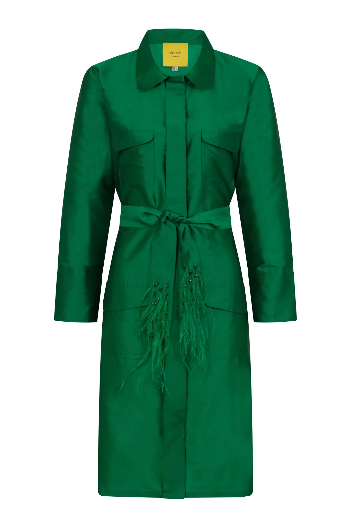 pop_london_emerald_ostrich_feather_crystal_taffeta_evening_trench_coat