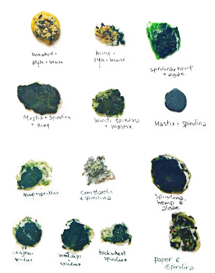 We experimented with different recipes to come up with an algae-based bioplastic. By varying the recipe, the material could be made hard or soft like cork.