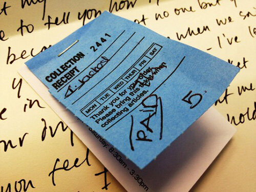 dry cleaning ticket and hand written love letter 