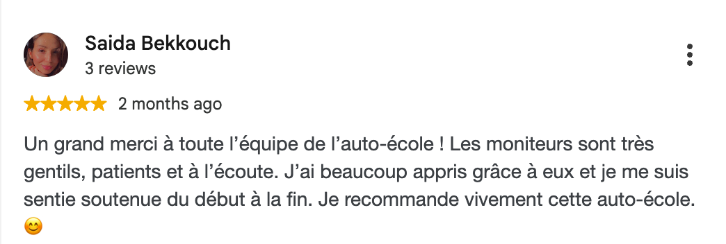 Avis Google 5 étoiles d'une élève de l'auto-école Mondial Permis à Bruxelles