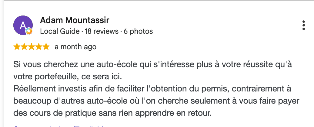 Avis Google 5 étoiles d'une élève de l'auto-école Mondial Permis à Bruxelles