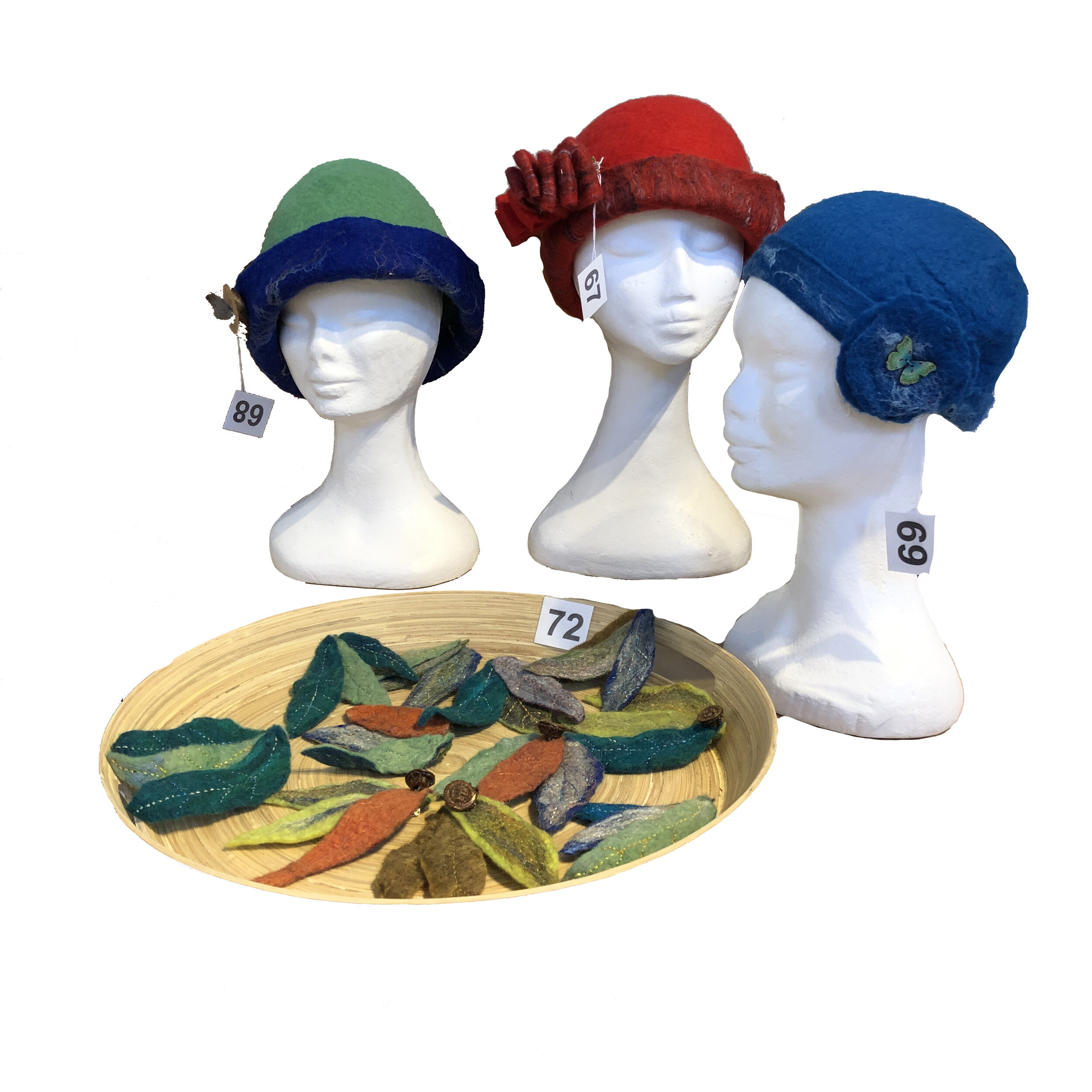  “Felted Hat - Red”, “Felted Hat - Green”, “Childs Felted Hat” and “Gumleaf Brooches”  Ann Smith 