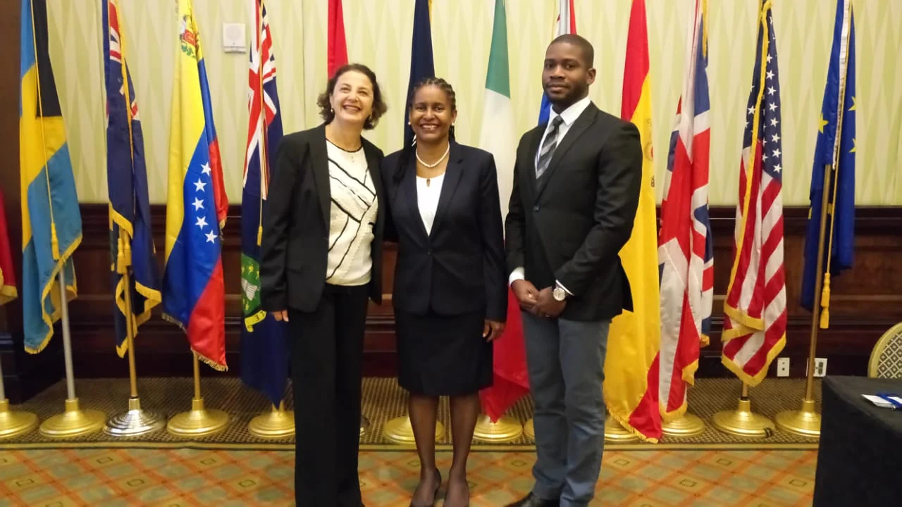 Ms Daniela Tramacere, EU Ambassador to Barbados, Ms Dawne Spicer, Executive Director, CFATF and Mr. Andrew Frection, Project Manager, CFATF meet at the CFATF XLVIII Plenary in Barbados ahead of upcoming action under the 11th EDF.