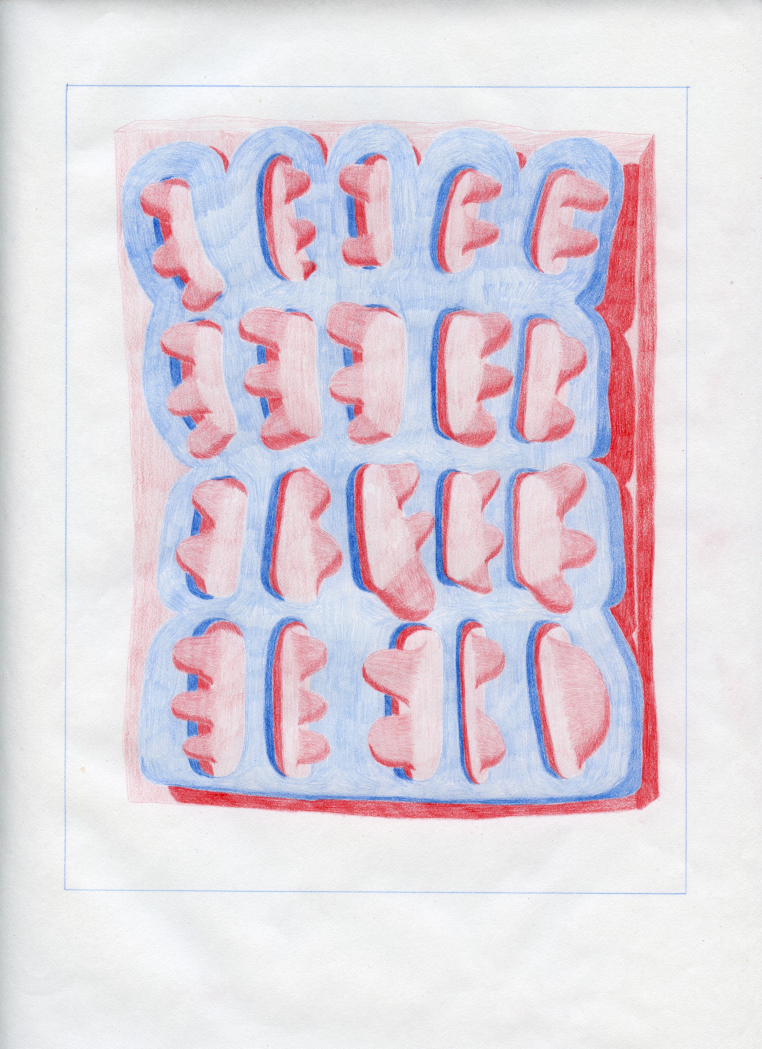  Workplace Drawing #20, 2021, Red and Blue Graphite on Bond Paper, 9”x 12”. 