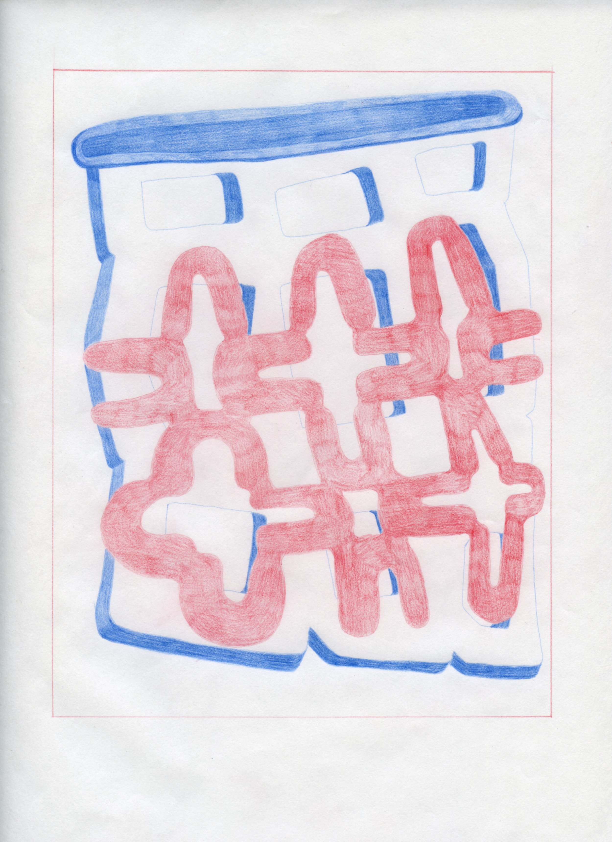  Workplace Drawing #23, 2021, Red and Blue Graphite on Bond Paper, 9”x 12”. 