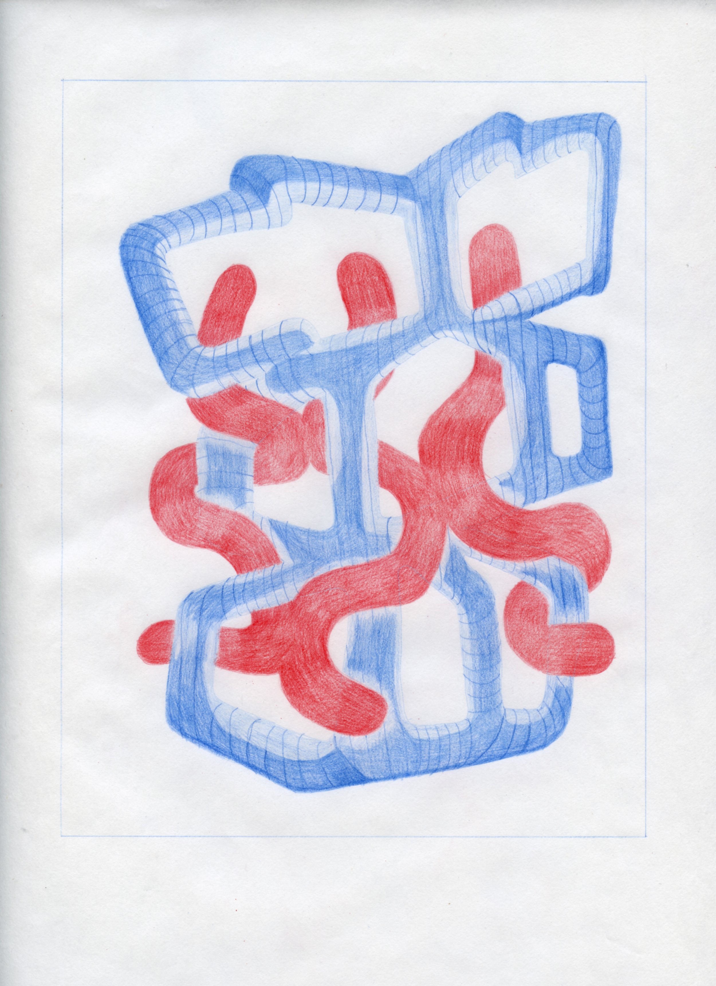  Workplace Drawing #25, 2021, Red and Blue Graphite on Bond Paper, 9”x 12”. 