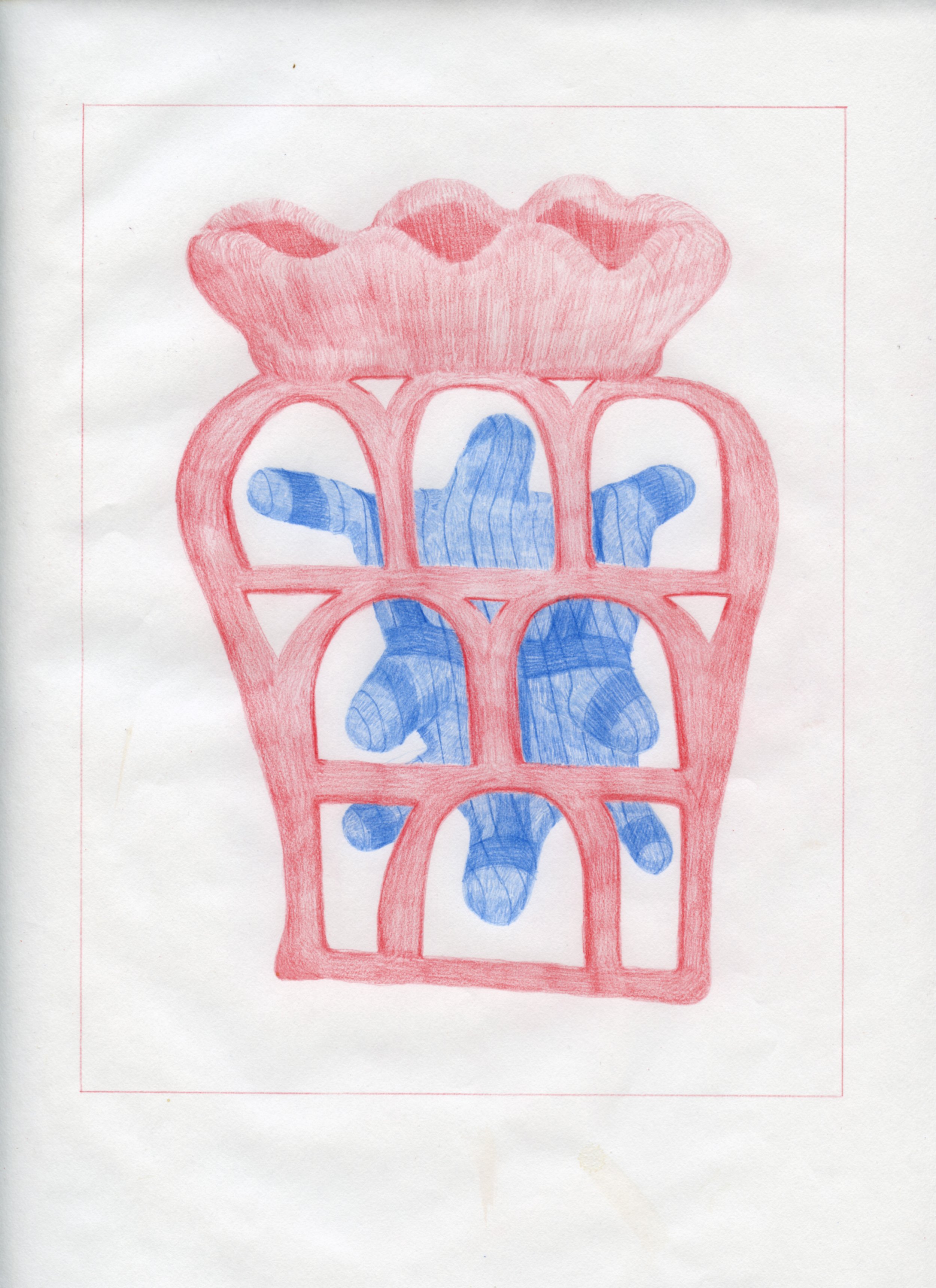  Workplace Drawing #35, 2021, Red and Blue Graphite on Bond Paper, 9”x 12”. 