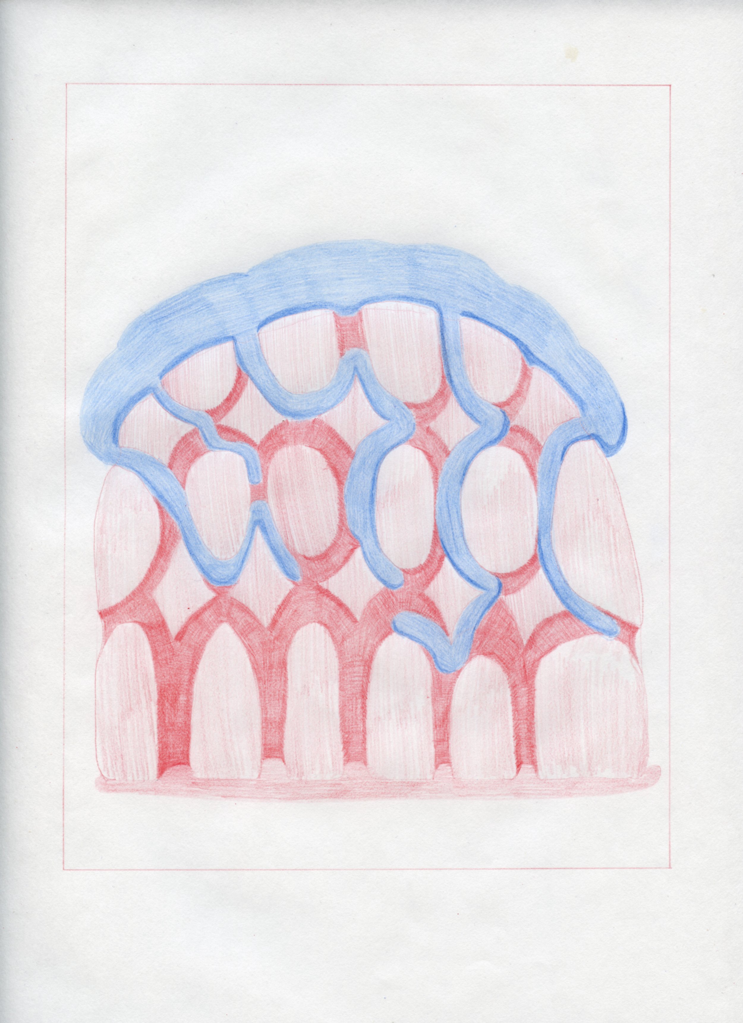  Workplace Drawing #39, 2021, Red and Blue Graphite on Bond Paper, 9”x 12”. 