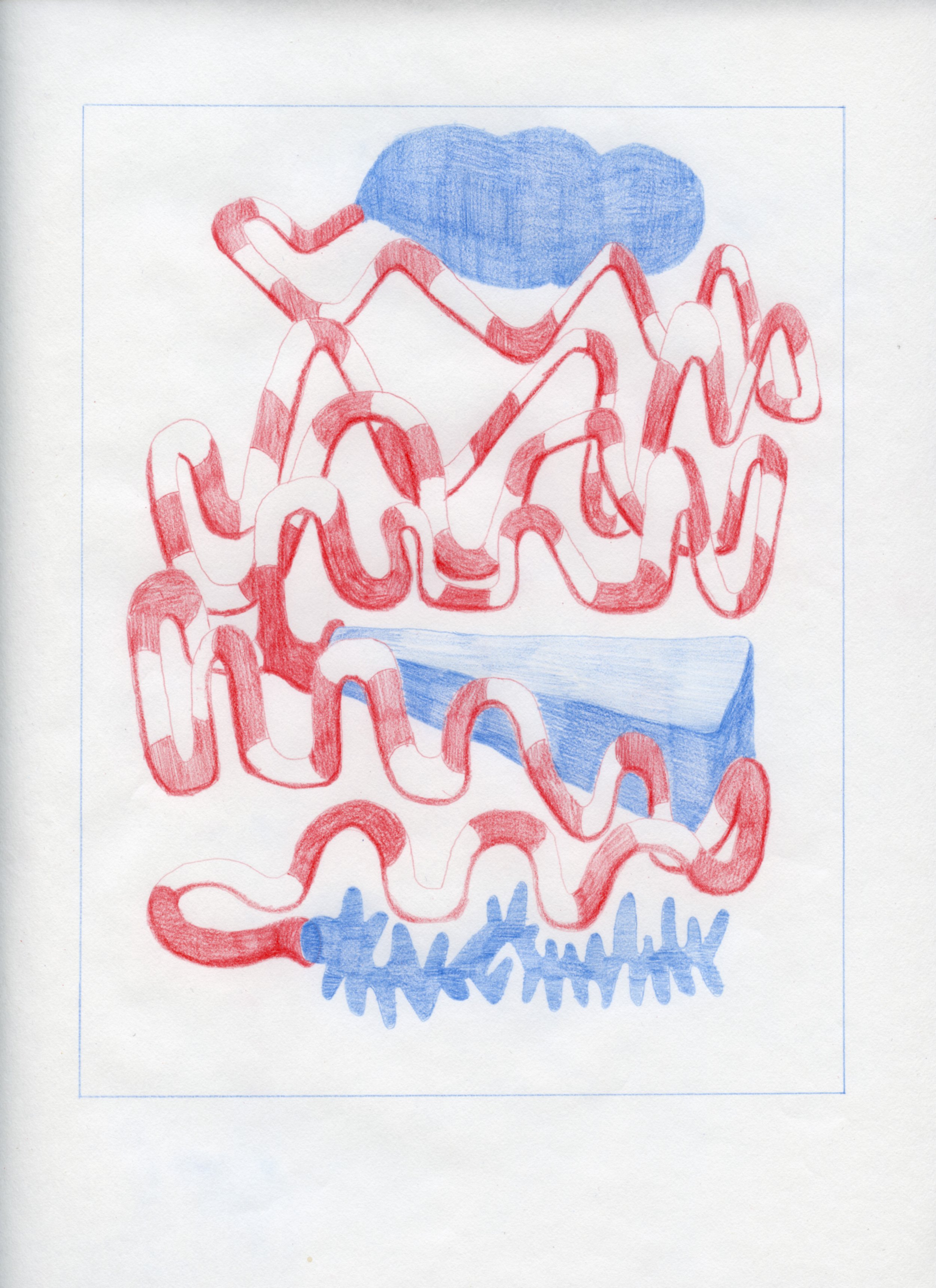  Workplace Drawing #42, 2021, Red and Blue Graphite on Bond Paper, 9”x 12”. 