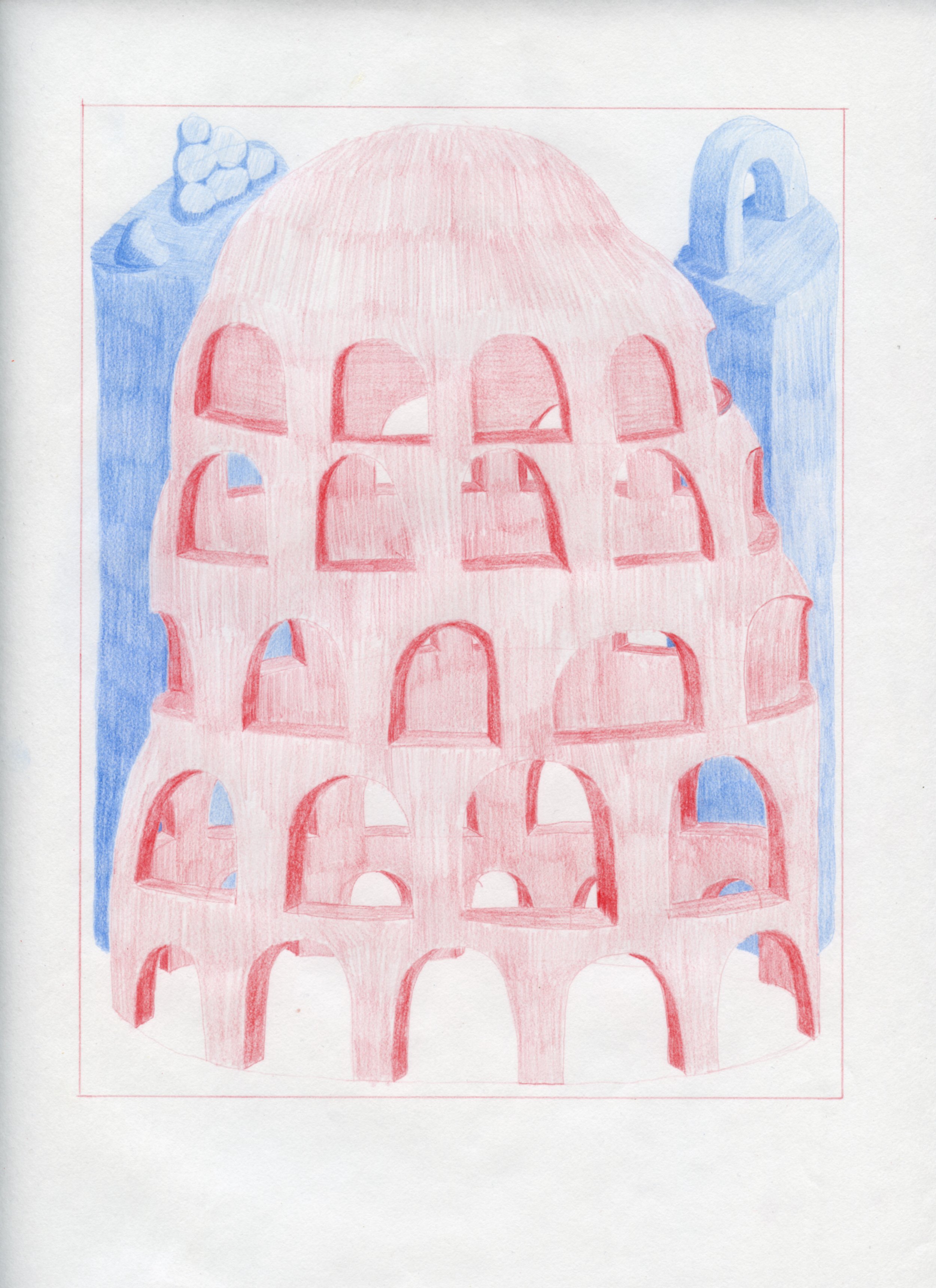  Workplace Drawing #44, 2021, Red and Blue Graphite on Bond Paper, 9”x 12”. 