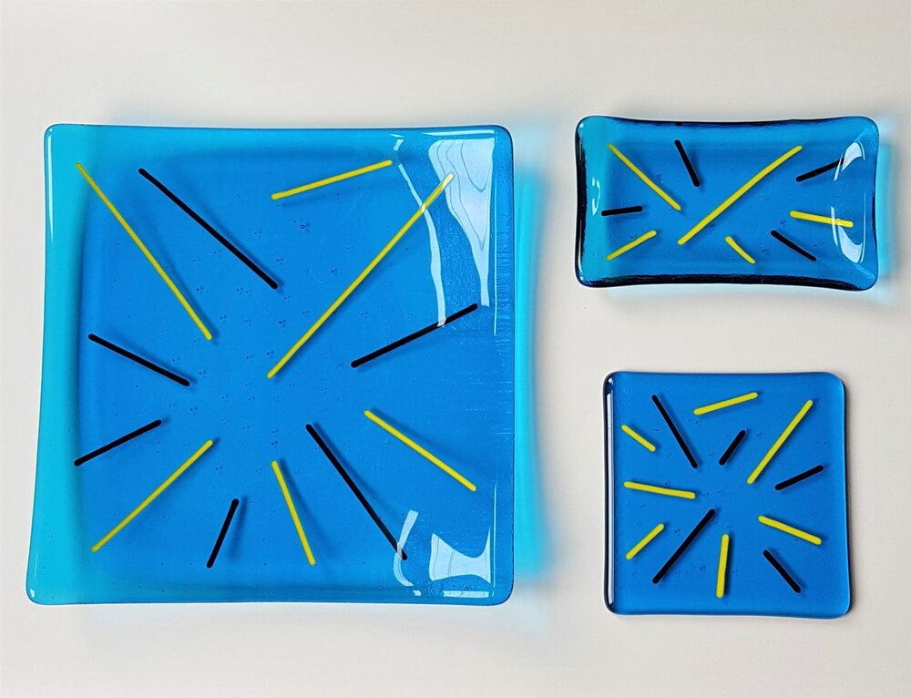 Turquoise fused glass homeware.