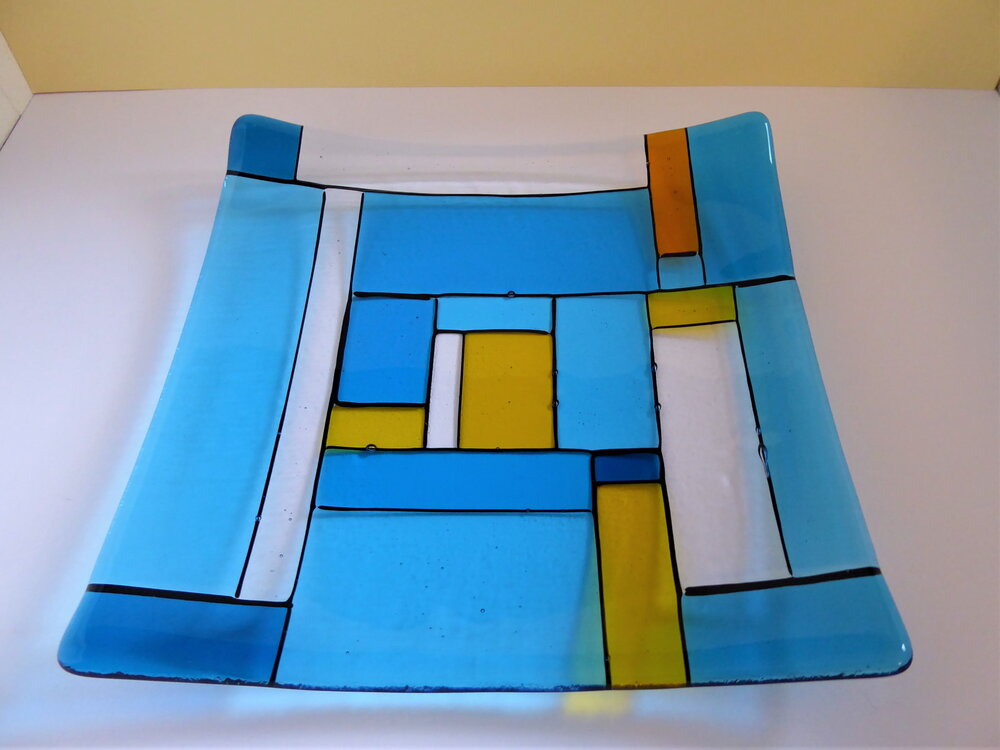 Eva Glass Design turquoise and yellow fused glass Mondrian-inspired plate