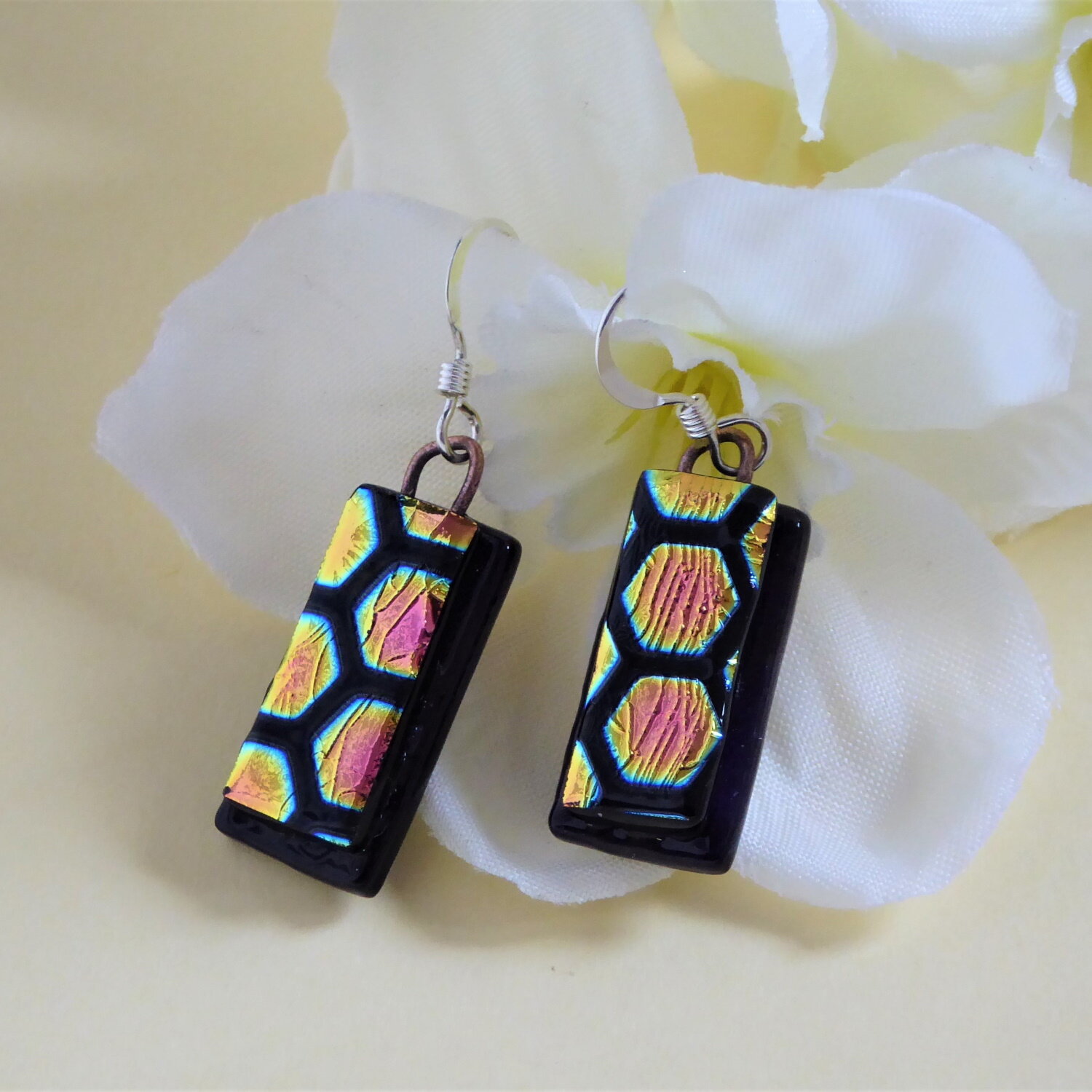 Pink honeycomb on black drop earrings