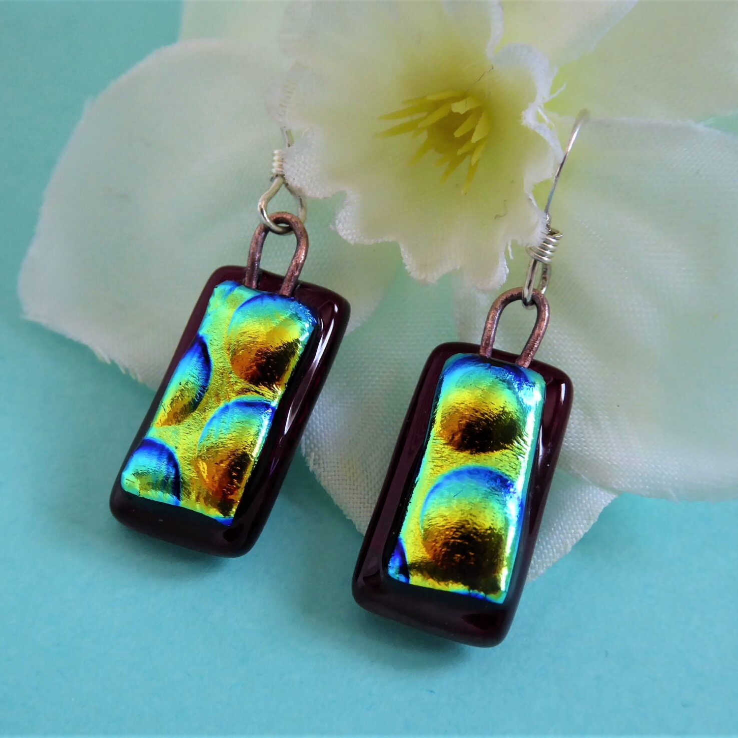 Gold and black dichroic glass earrings