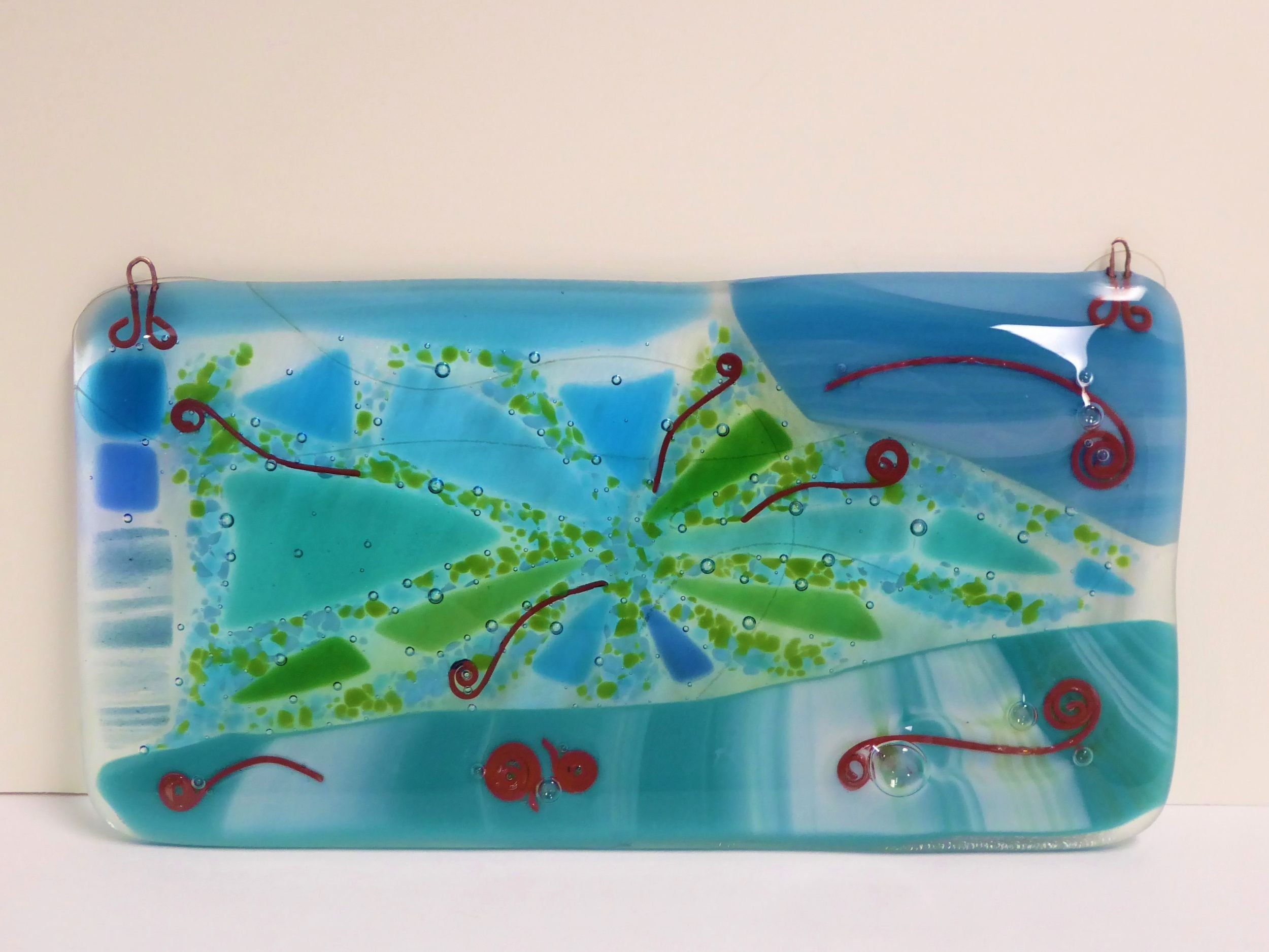 Eva Glass Design blue and green fused glass wall panels