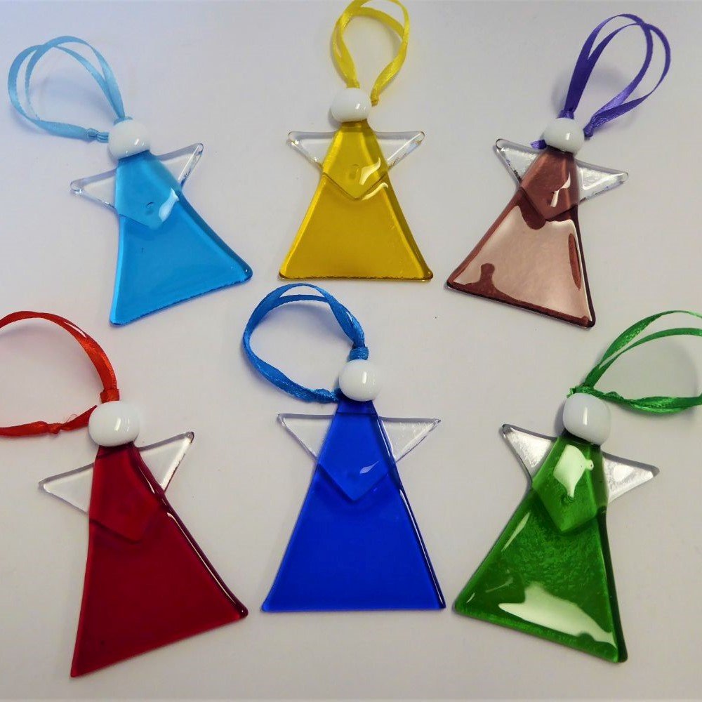  Eva Glass Design fused glass angels in different colours.  