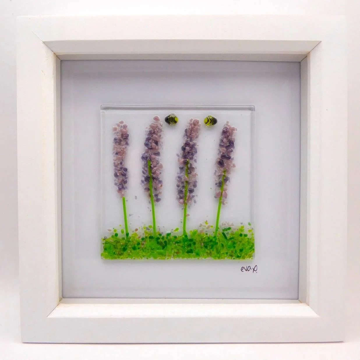  Framed fused glass picture featuring bees flying over lavender flowers 