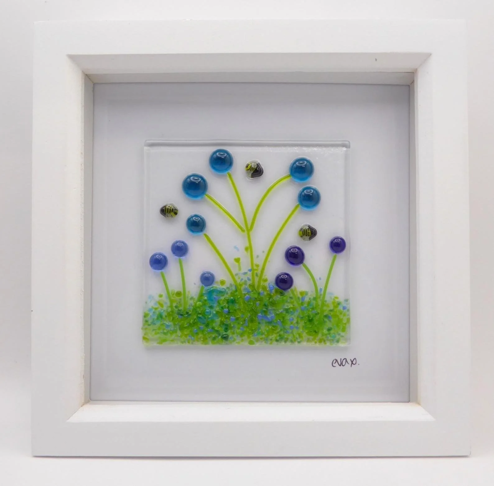 Framed blue flower glass wall art picture with bees 