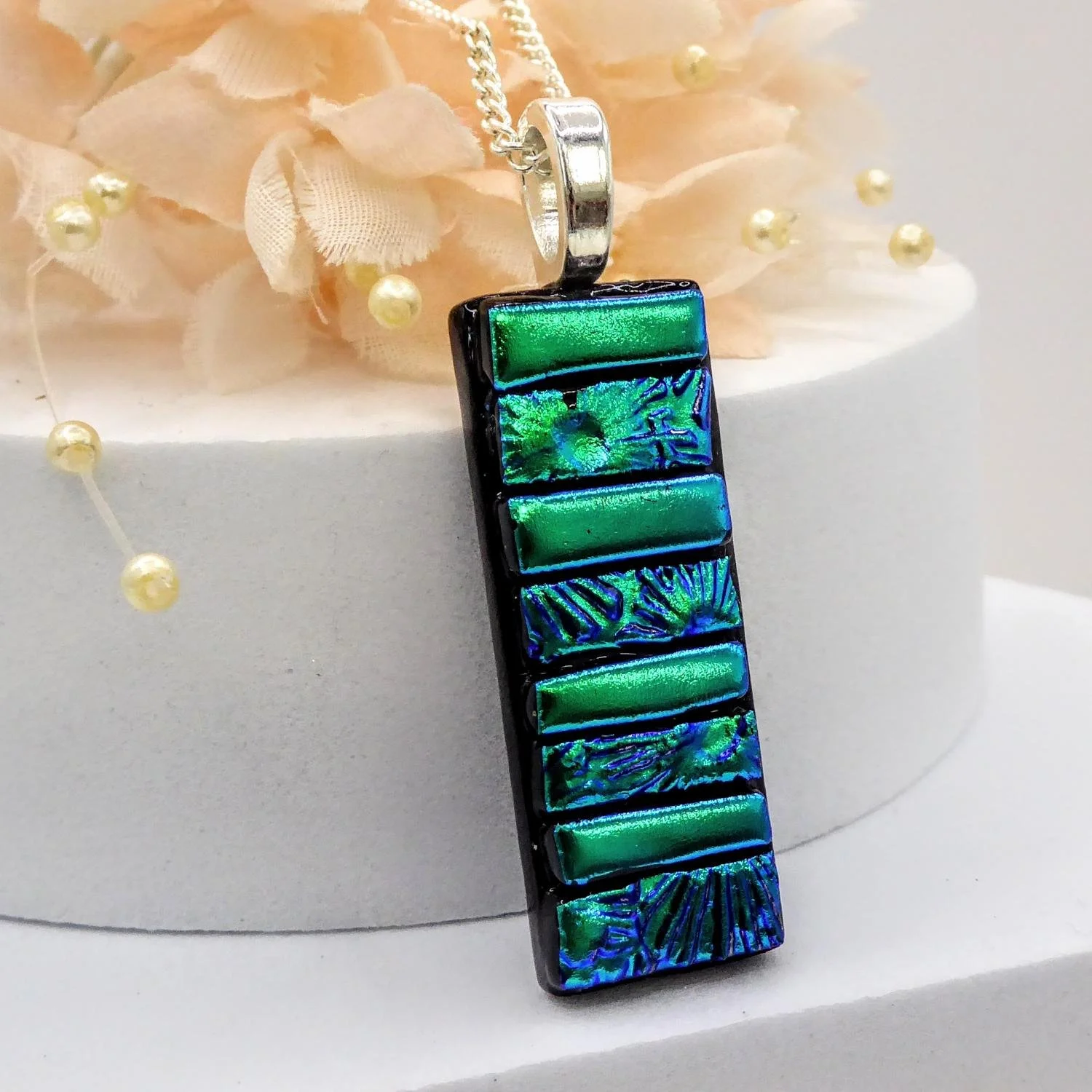  Deep green fused glass necklace with strips of emerald green dichroic glass fired onto black glass 