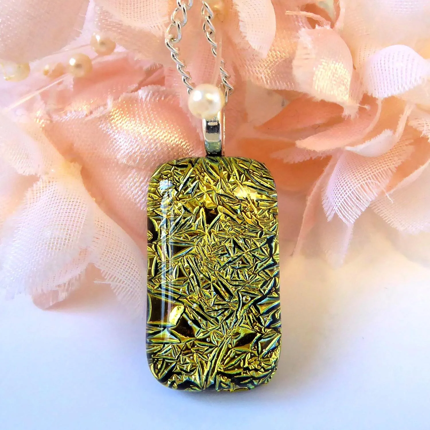  Handmade fused glass jewellery: gold dichroic glass necklace with chain 