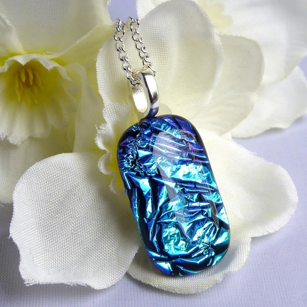  Handmade fused glass necklace with chain made from turquoise blue dichroic glass 