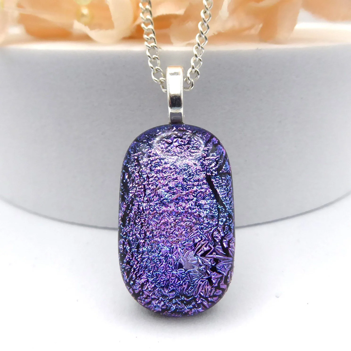  Fused glass pendant and chain made from lilac dichroic glass 