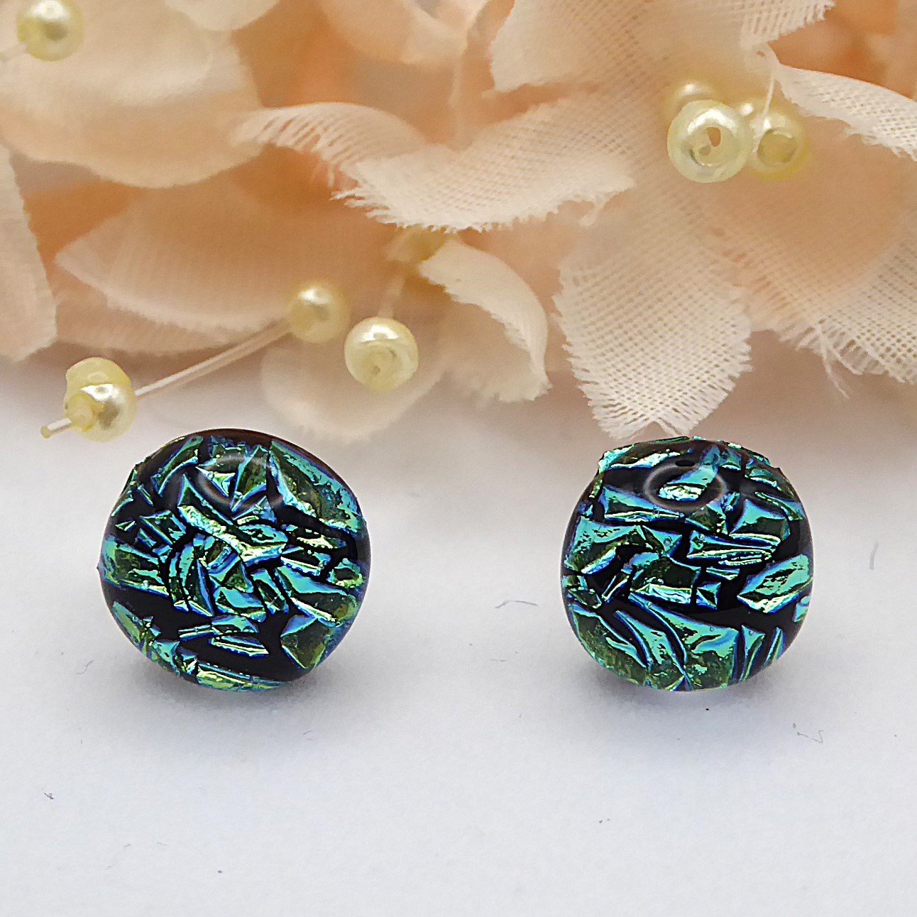  Sterling silver earrings made from sparkling lime green dichroic glass 