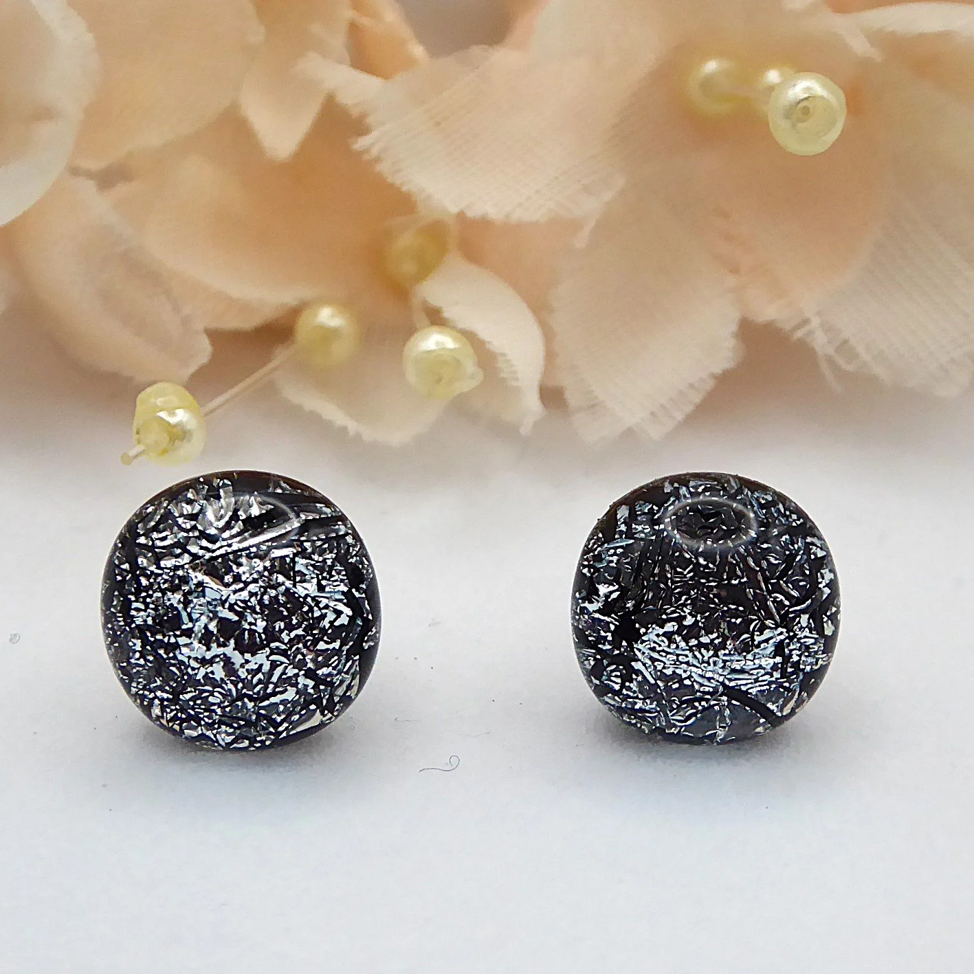  Fused glass stud earrings made from shiny silver dichroic glass 