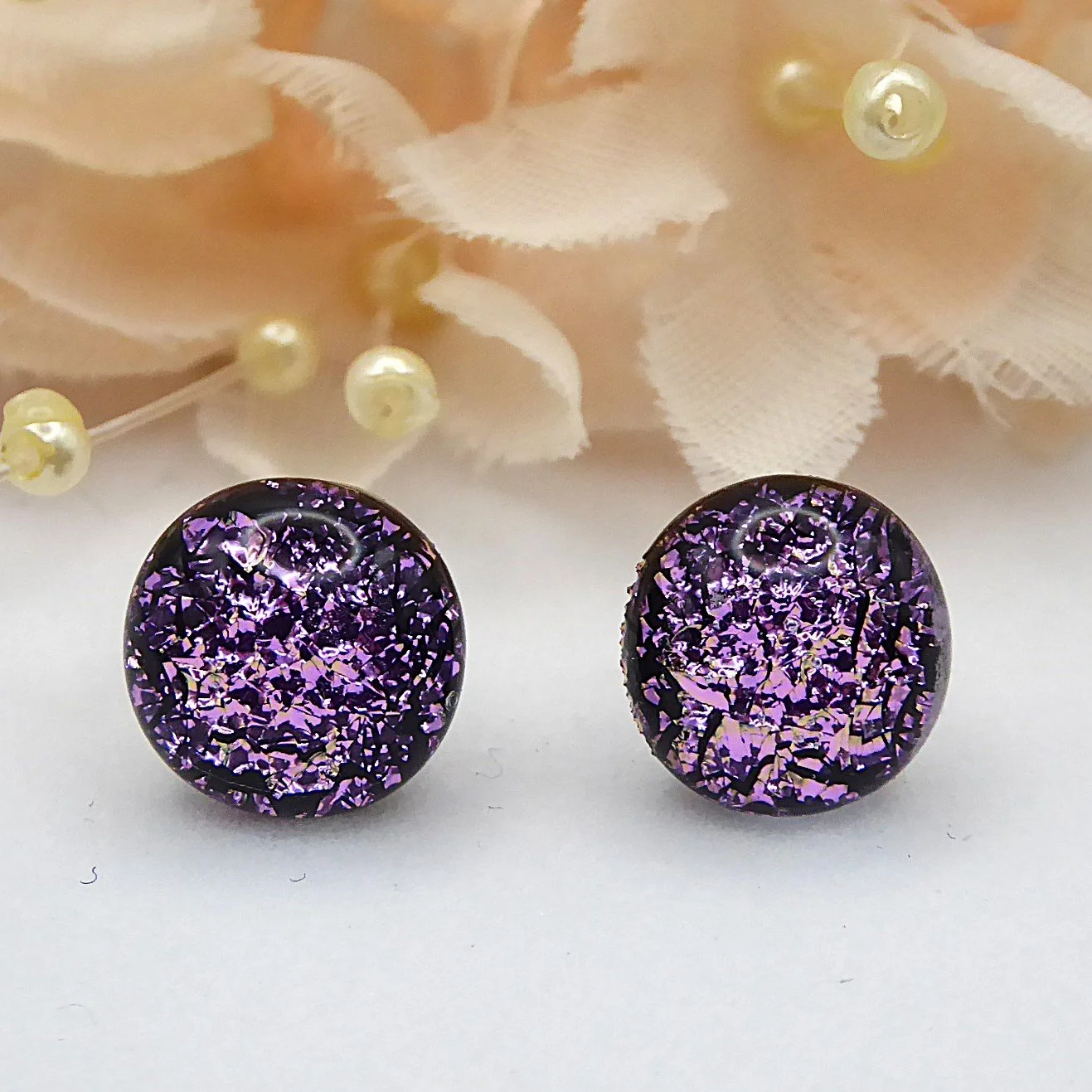  Pink dichroic glass stud earrings with sterling silver fittings 
