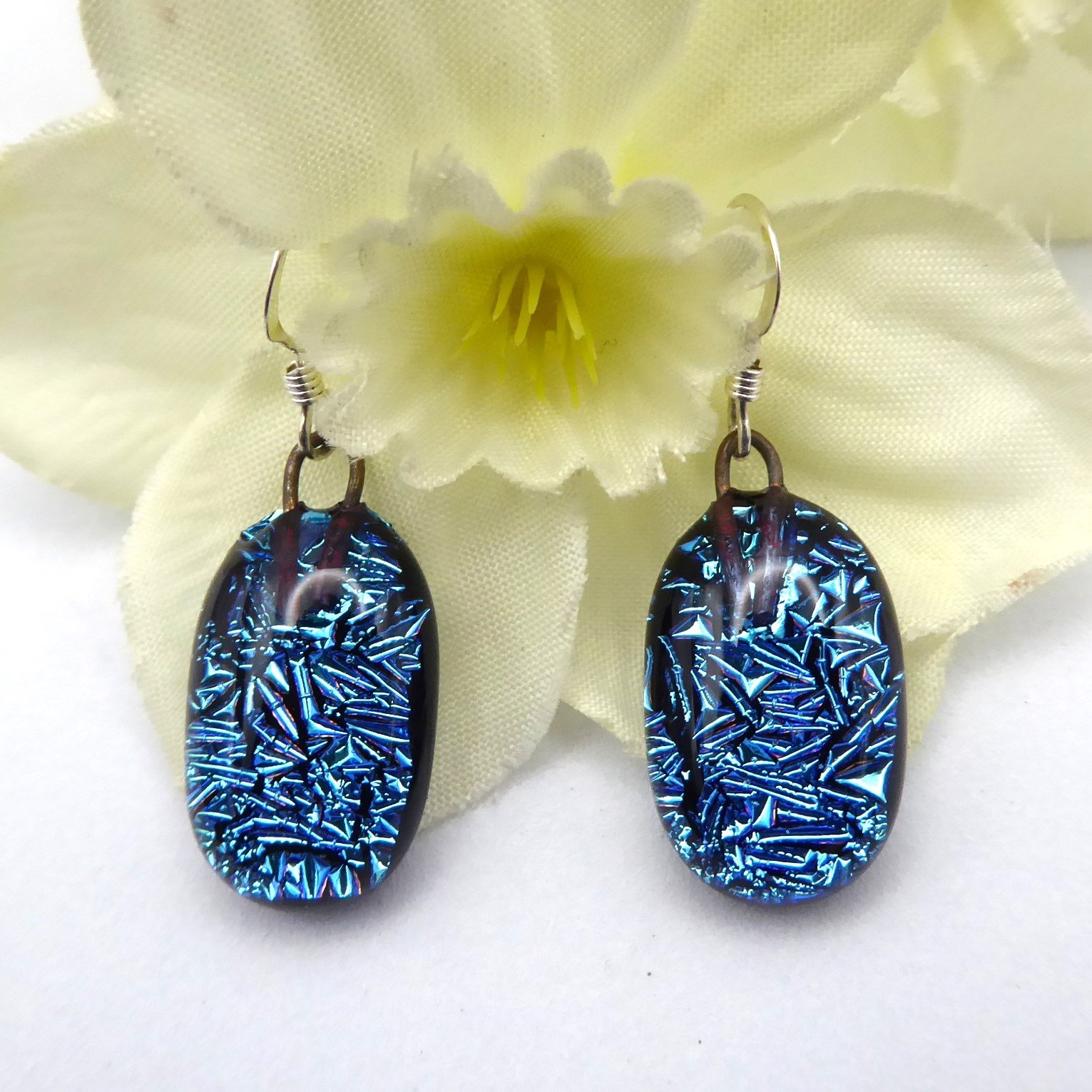  Sterling silver earrings made from blue dichroic glass 