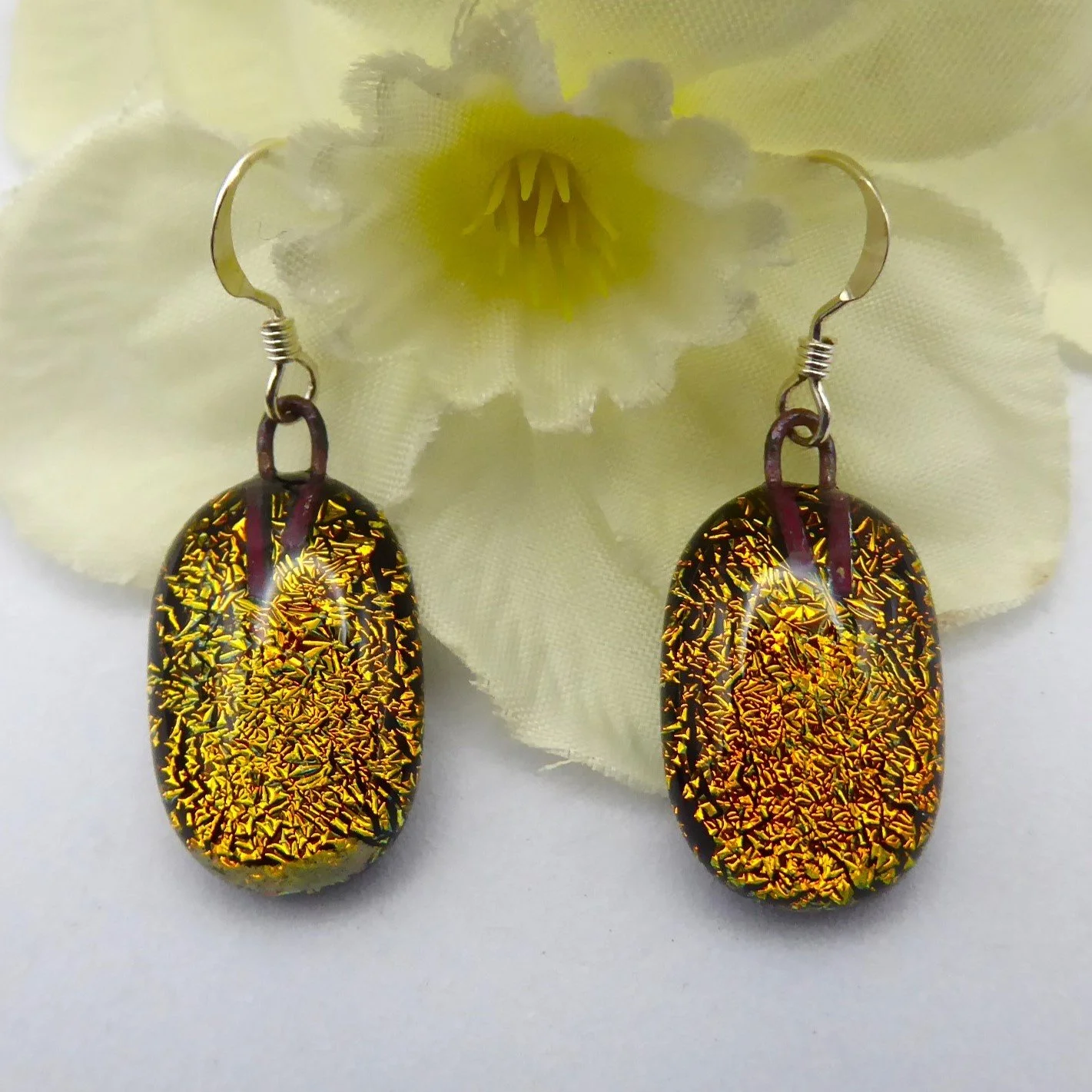  Fused glass earrings on 925 sterling silver wires made from gold dichroic glass 