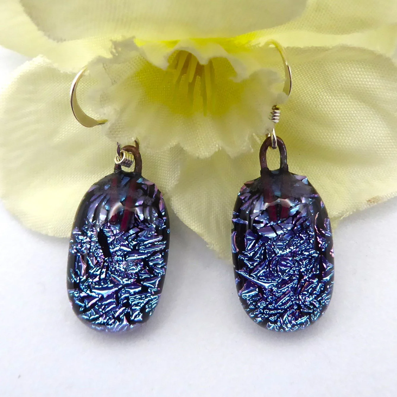  Lilac fused glass drop earrings made from sparkling dichroic glass.   