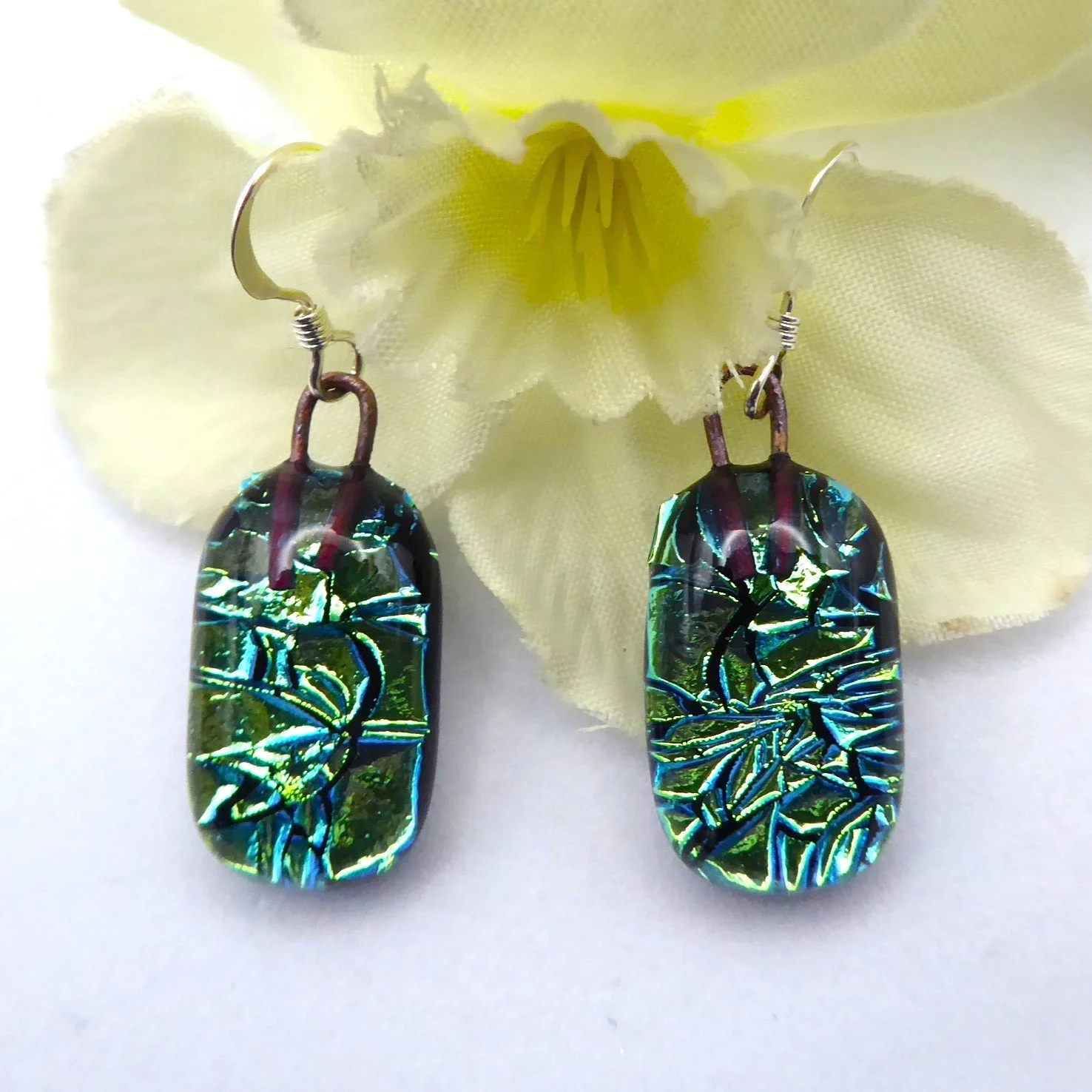  Green fused glass drop earrings made from sparkling dichroic glass 