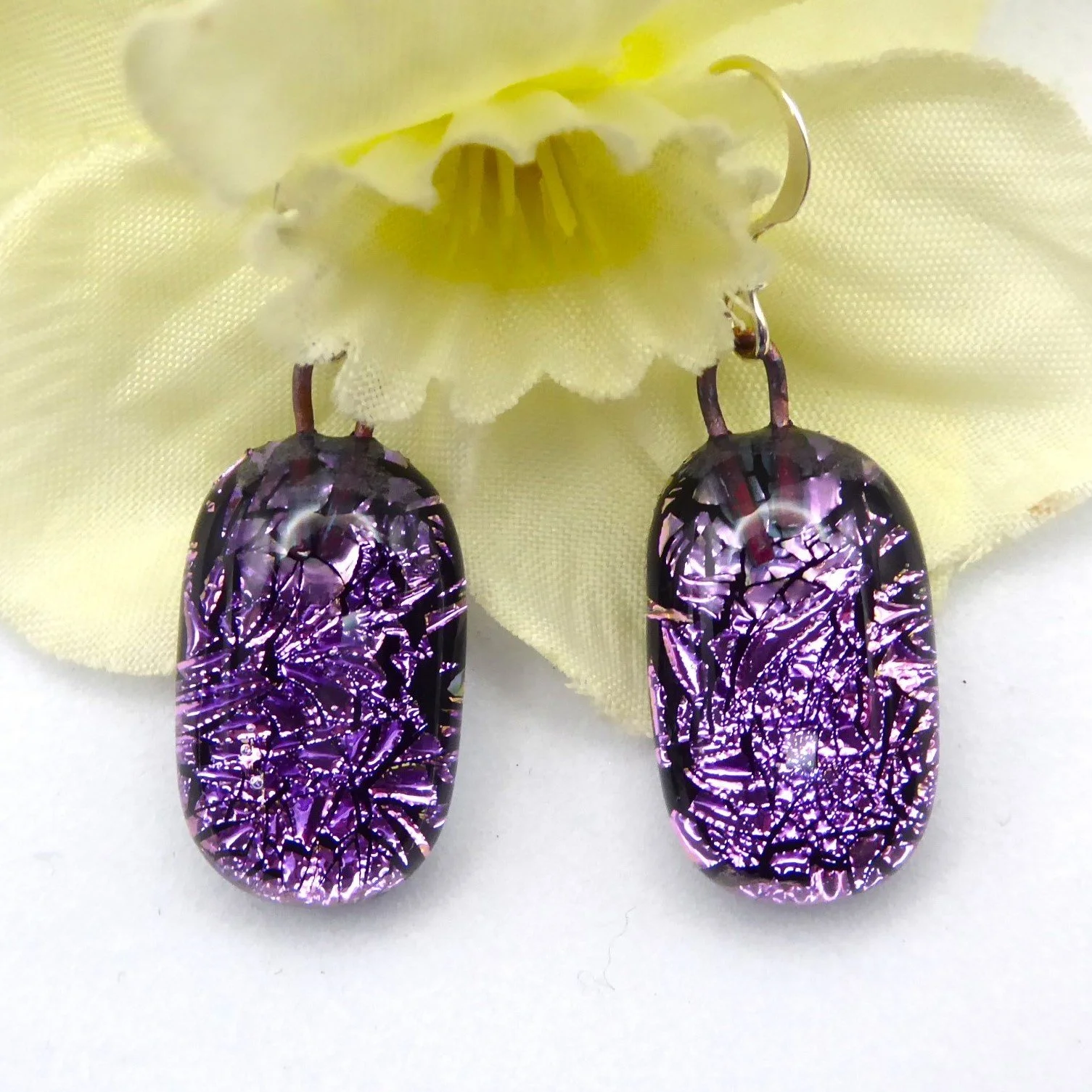  Pretty pink fused dichroic glass earrings with sterling silver ear wires. 