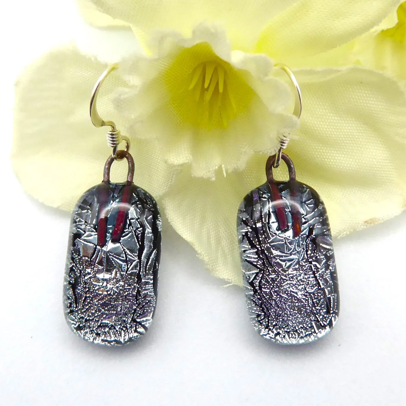  Silver fused glass dangle earrings with sterling silver ear fittings 