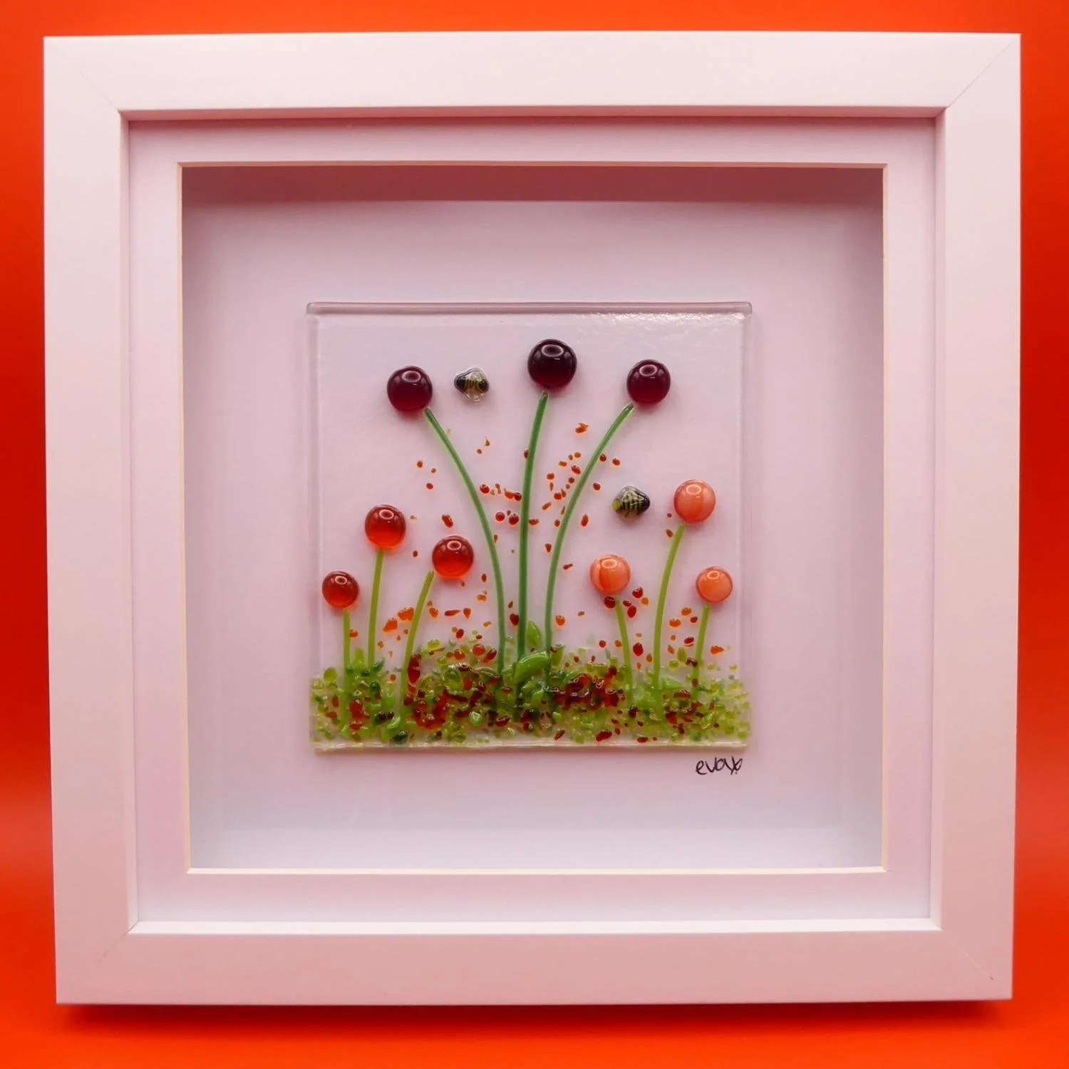  Framed fused glass art picture with red flowers and bees 