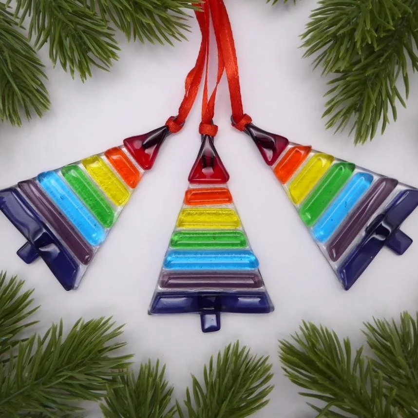  Fused glass Christmas trees with rainbow stripes 