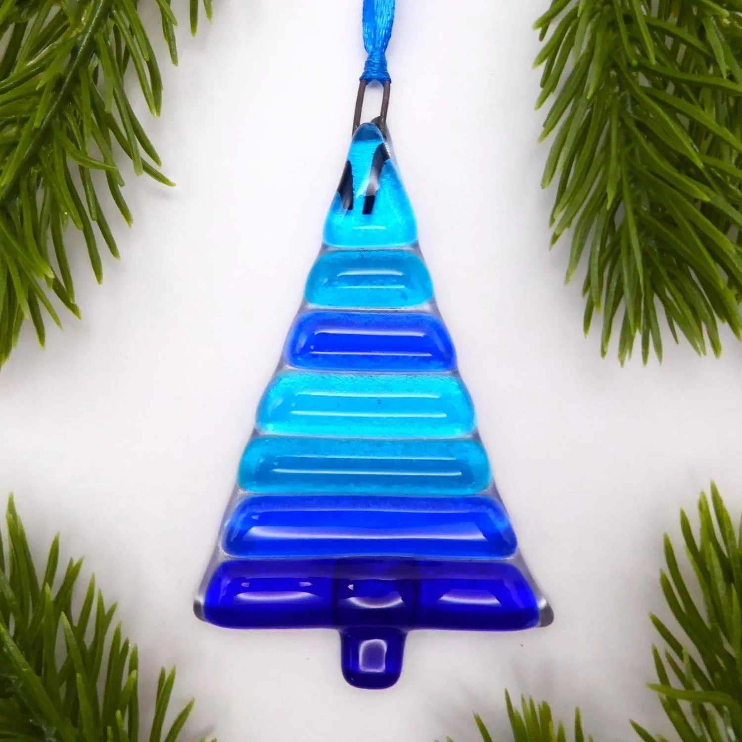 Blue striped fused glass hanging Christmas tree ornament 