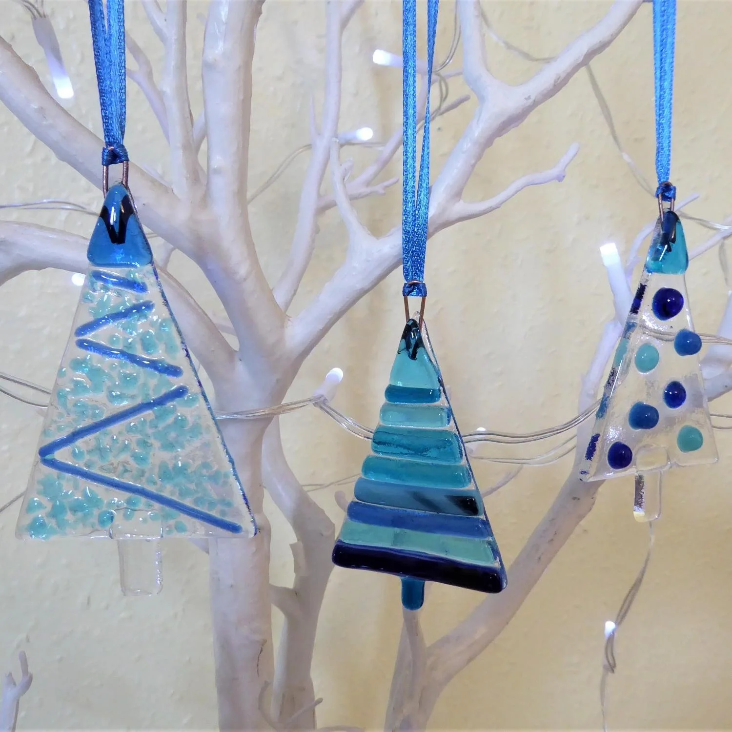  Three hanging blue glass Christmas tree decorations 