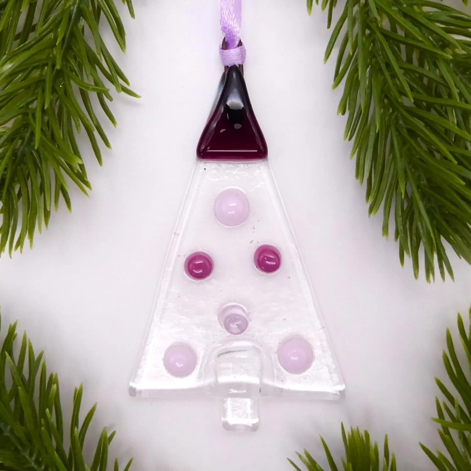  Fused glass Christmas decoration with pink baubles to hang on a Christmas tree 