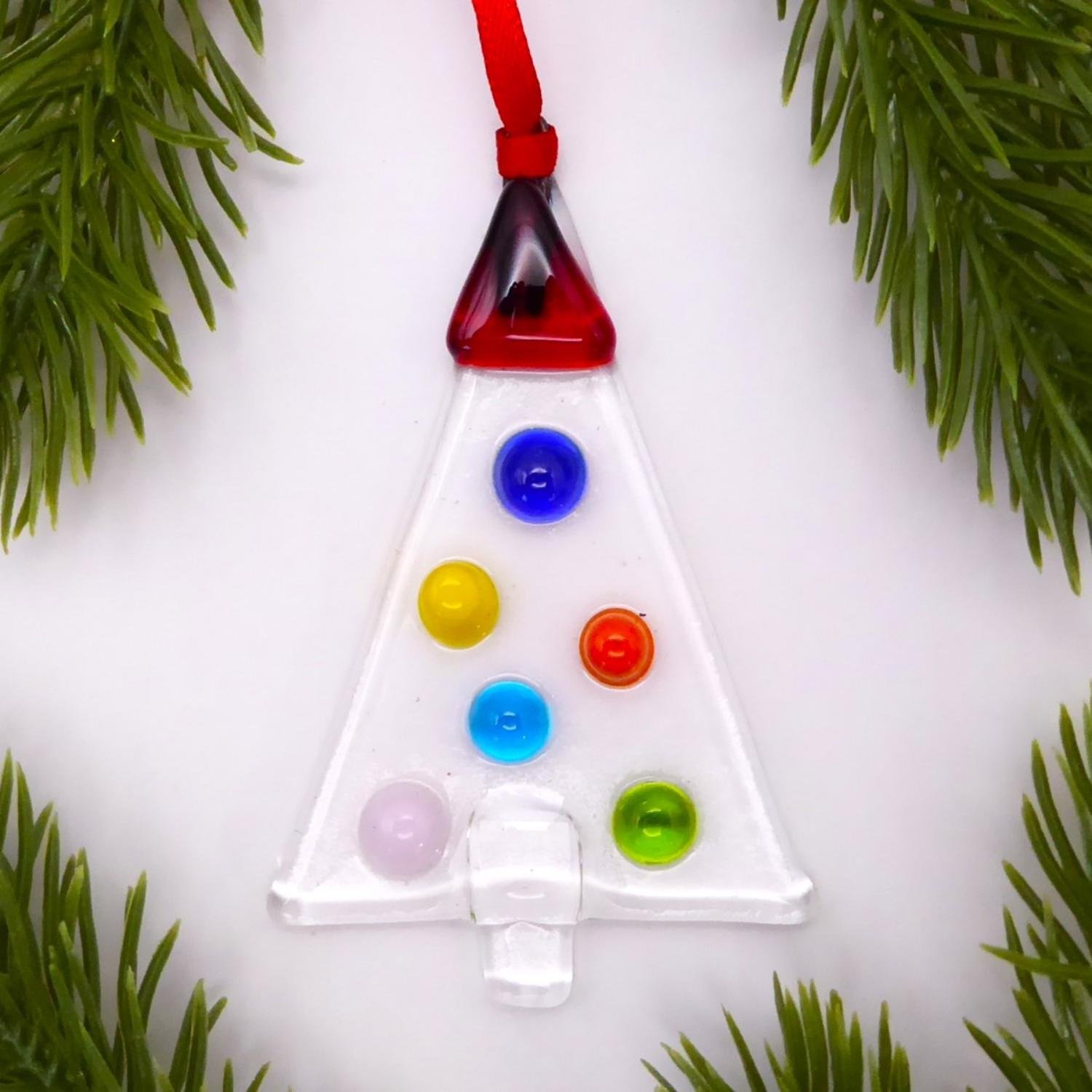  Fused glass Christmas tree with coloured baubles in rainbow colours 